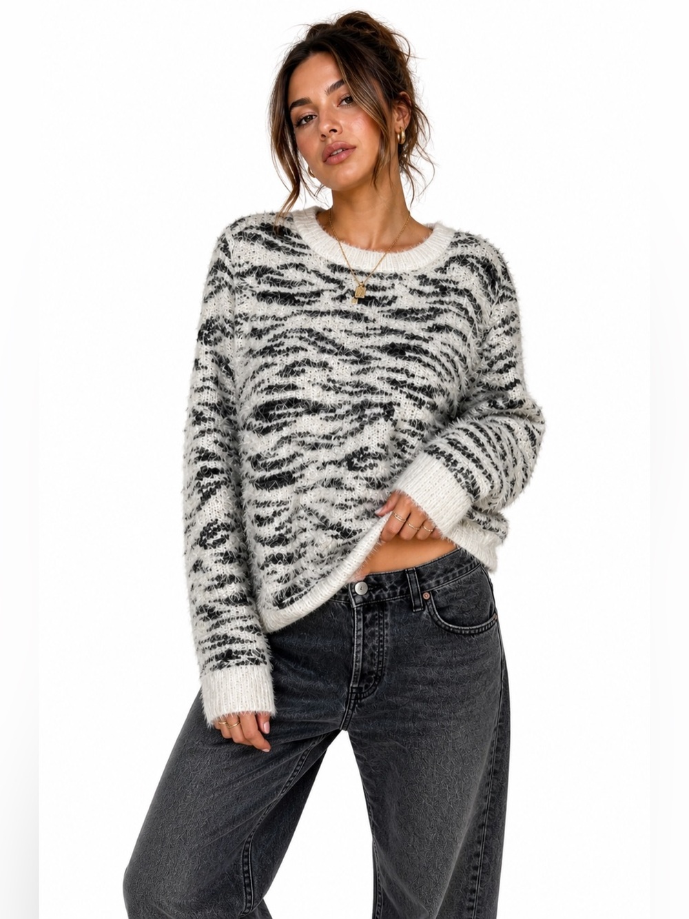 Mudd Black and White Zebra Striped Fuzzy Sweater Large